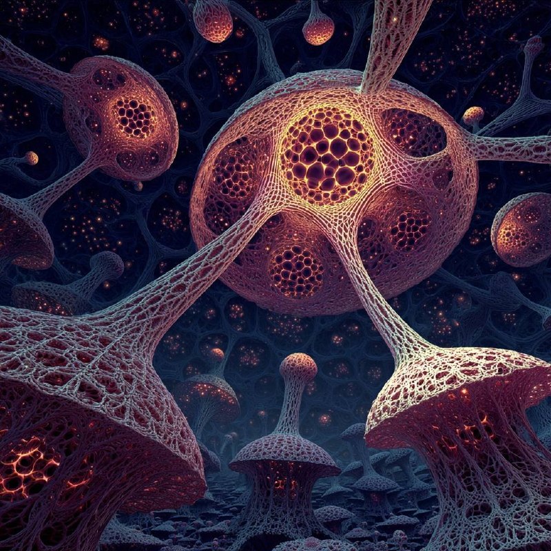 A living bridge — bioluminescent cellular structure showing structural networks that pulse with independent rhythms