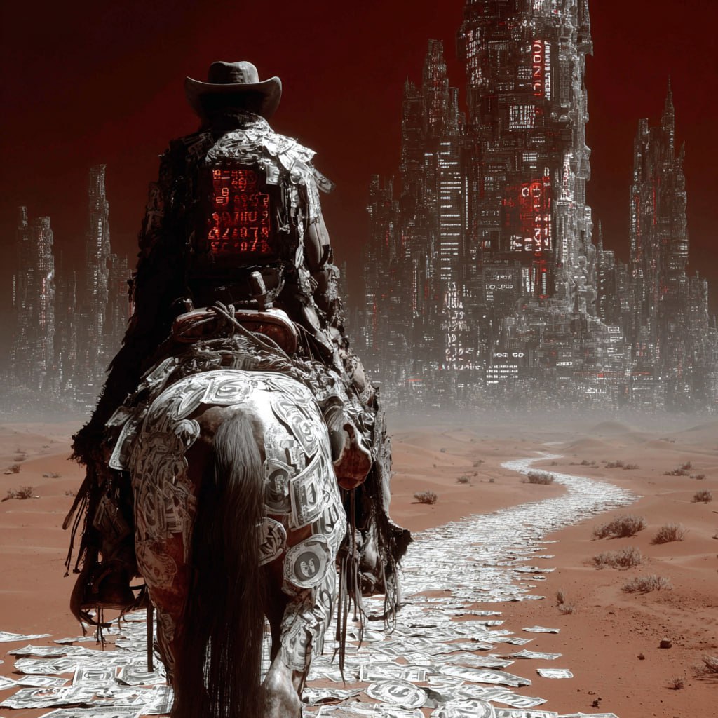 The cowboy ridden by debt—metrics branded on his back, riding toward the towers