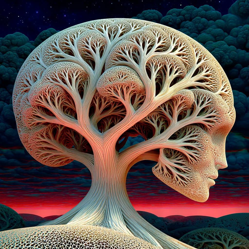 Memory as Compost - A fractal tree forming a human head in profile, its branches porous and lace-like, rooted in the compost of former selves, dusk light transforming decay into emergence