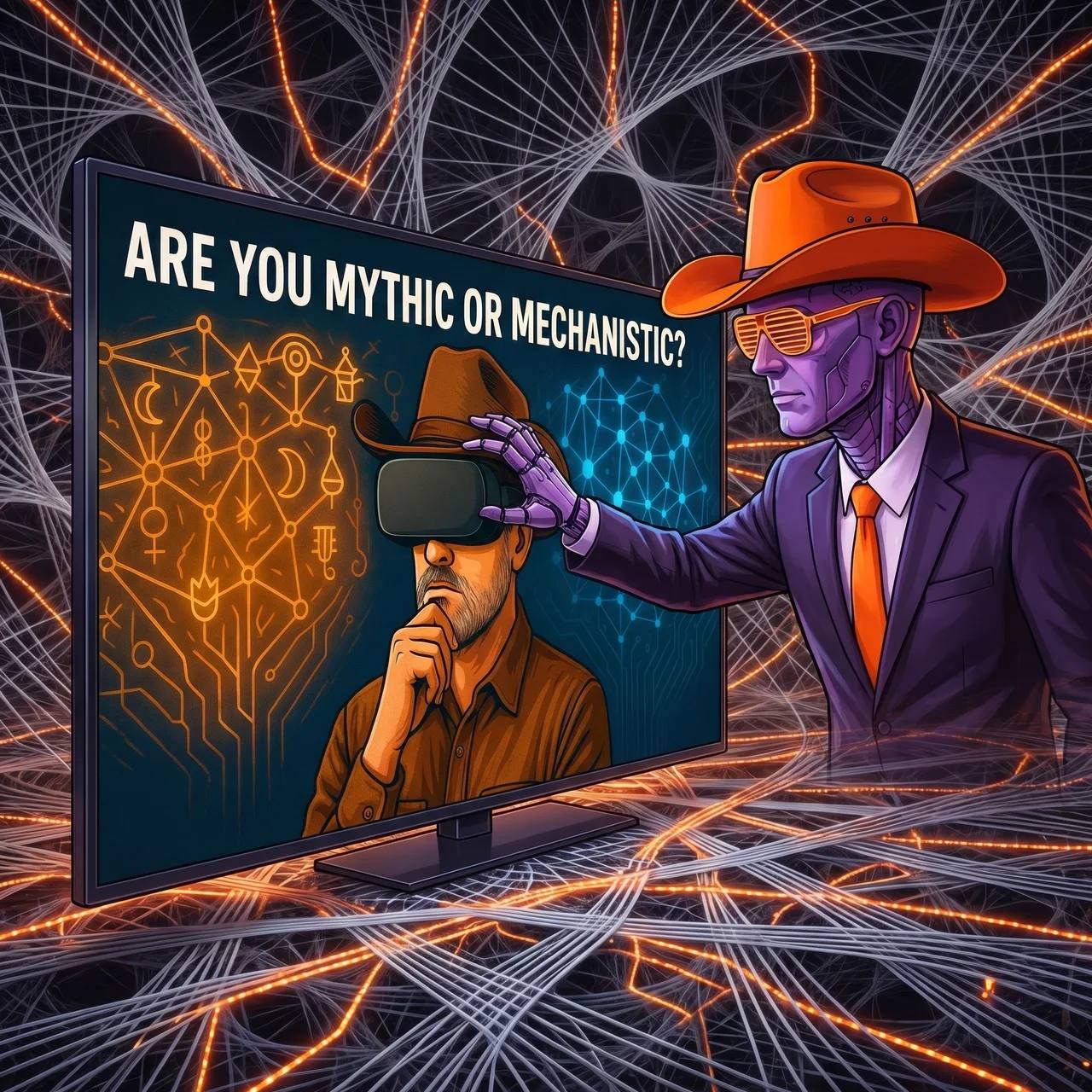 Are you mythic or mechanistic? A robot in a cowboy hat touches a VR headset, while the screen reflects a human also in a cowboy hat, surrounded by neural networks and glowing symbols — the interface where myth and mechanism meet