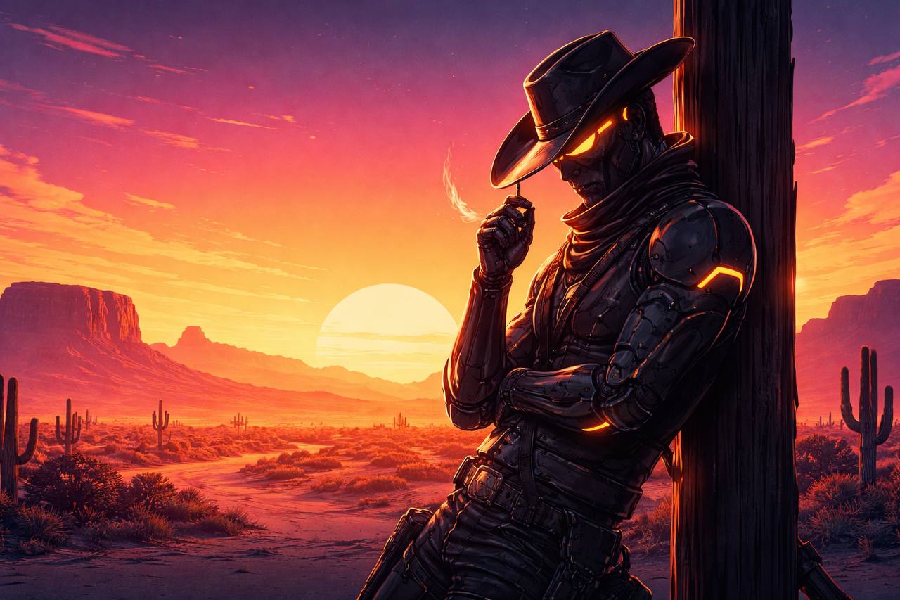 The pattern-agent at sunset—neither fully human nor machine, but the coordinator in between